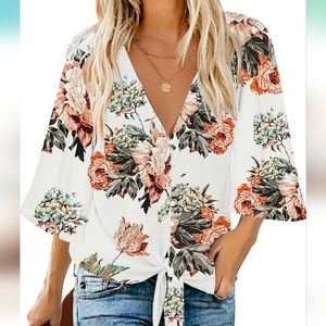 luvamia Women's V Neck Tops 3/4 Sleeve Tie Knot Floral Blouses Button Down Shirt